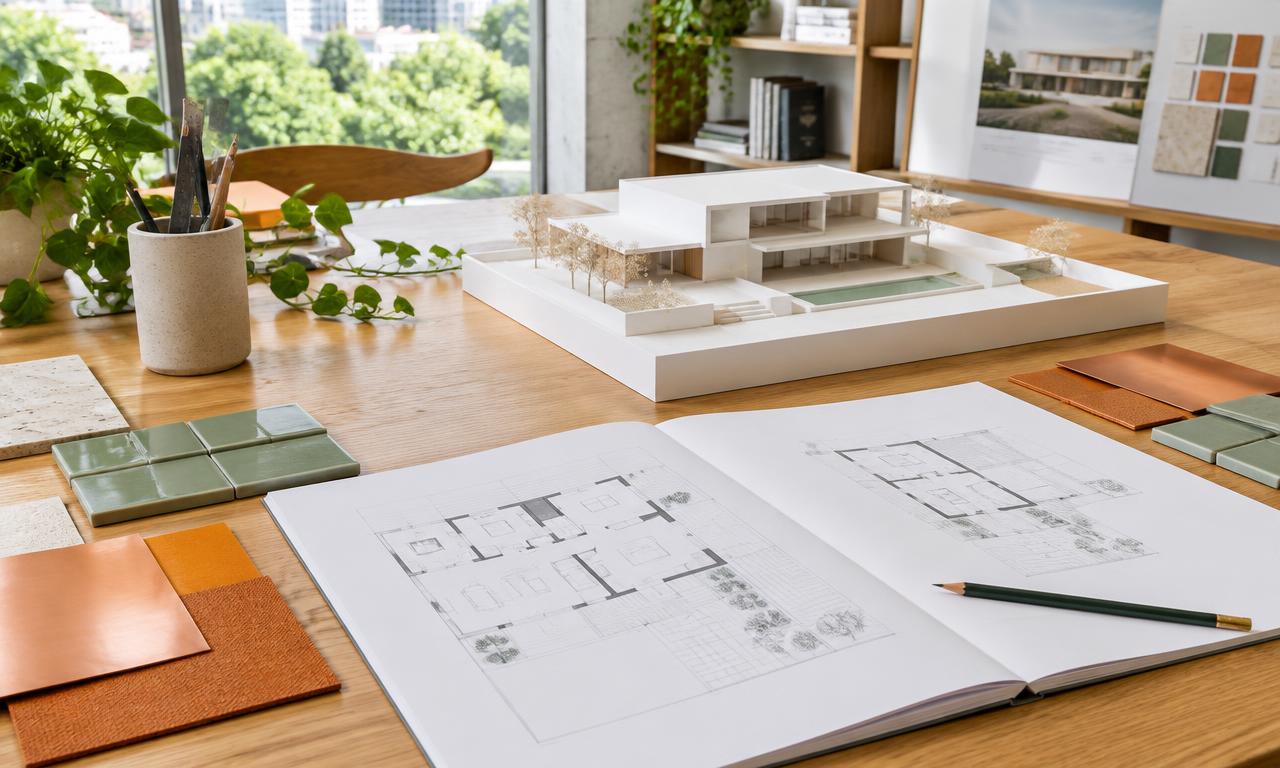 Mesa de arquitetura com maquete, plantas e amostras de materiais